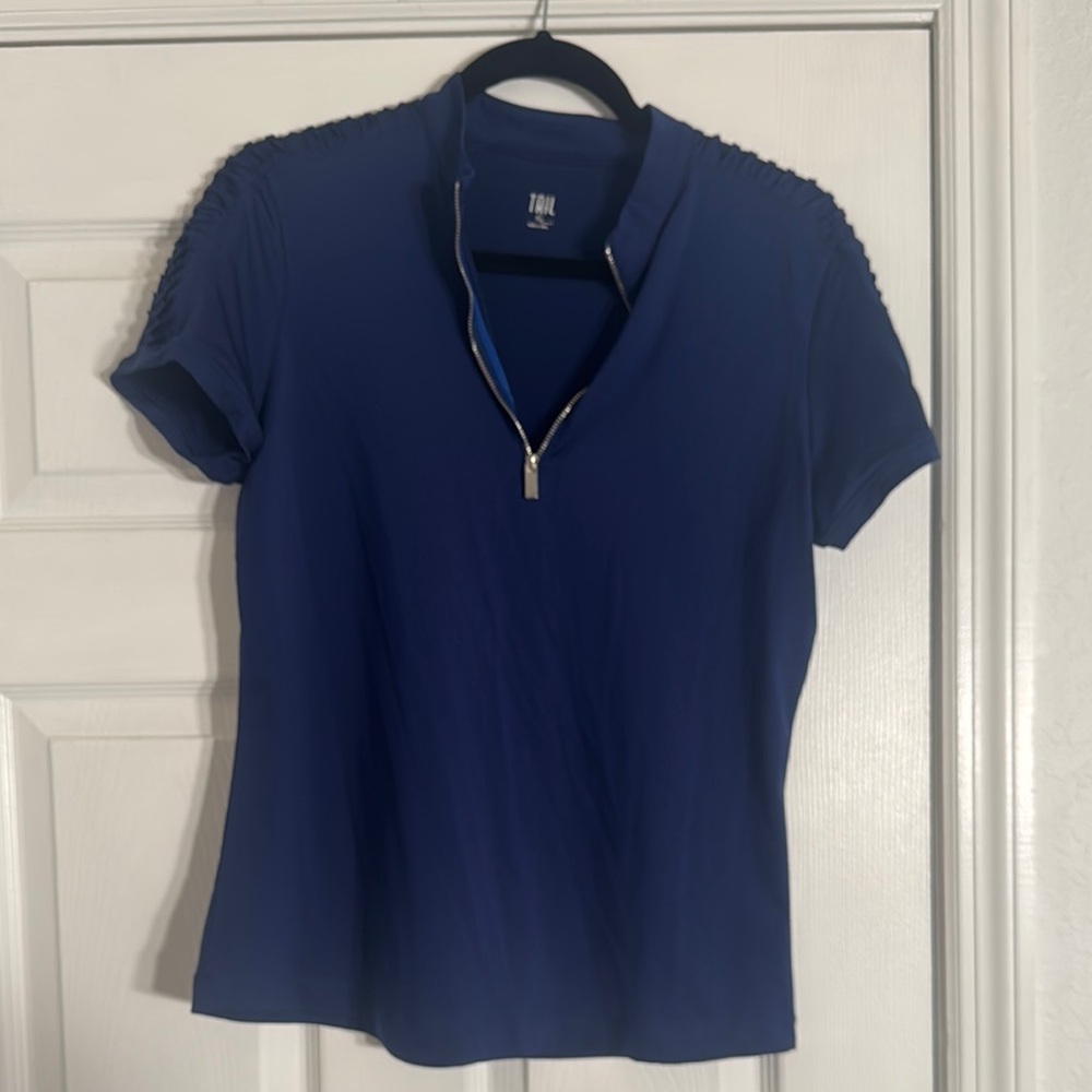 Tail Blue Fitted Zippered Polo Blouse